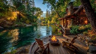 A Wooden Porch Overlooking the River 🌿 Forest Cabin, Birds melody and Fire