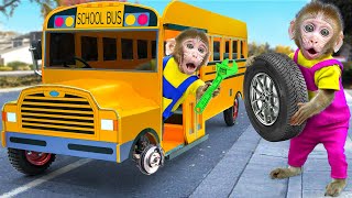 Kiki Monkey Pretends To Be A Fake Car Mechanic Fix School Bus Wheel On The Road Kudo Animal Kiki