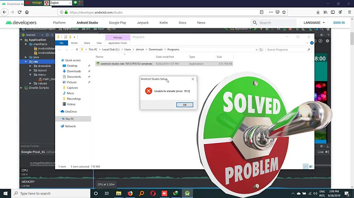 Unable to elevate error 1812 Android Studio [ Win 10 ]