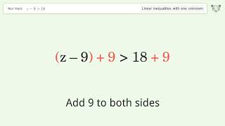 z-9 greater than 18 - Solve linear inequalities with one unknown