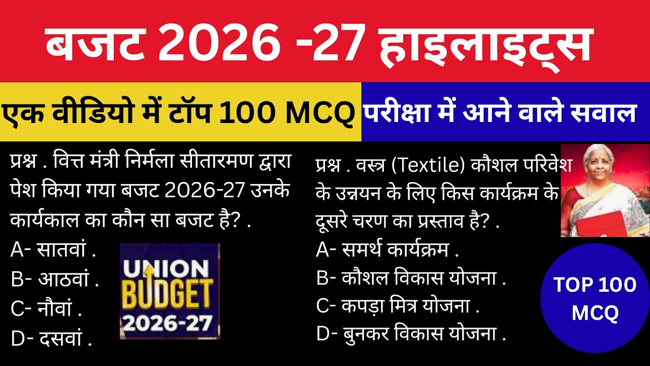 💰 BUDGET 2026–27 TOP 100 MCQ 🔥 | Union Budget 2026–27 Important Questions | All Exams 📘🇮🇳