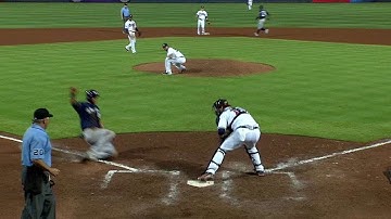 MIL@ATL: Aybar throws home to force out Nieuwenhuis