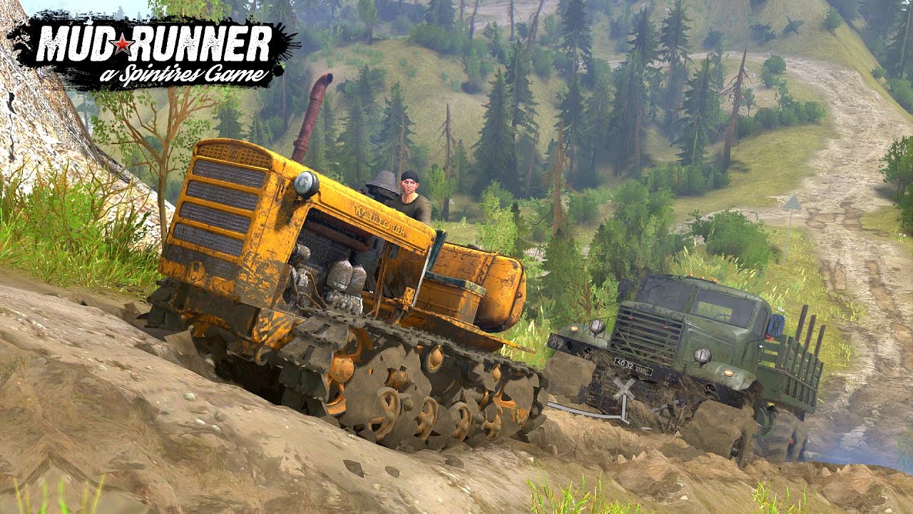 Spintires: MudRunner - An Old Crawler Tractor Tows A Truck Uphill