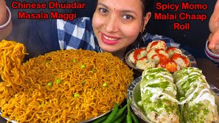 Eating Spicy🔥 Chinese Style Maggi Masala, Malai Chaap Roll, Spicy Momo Mukbang | Indian Street Food