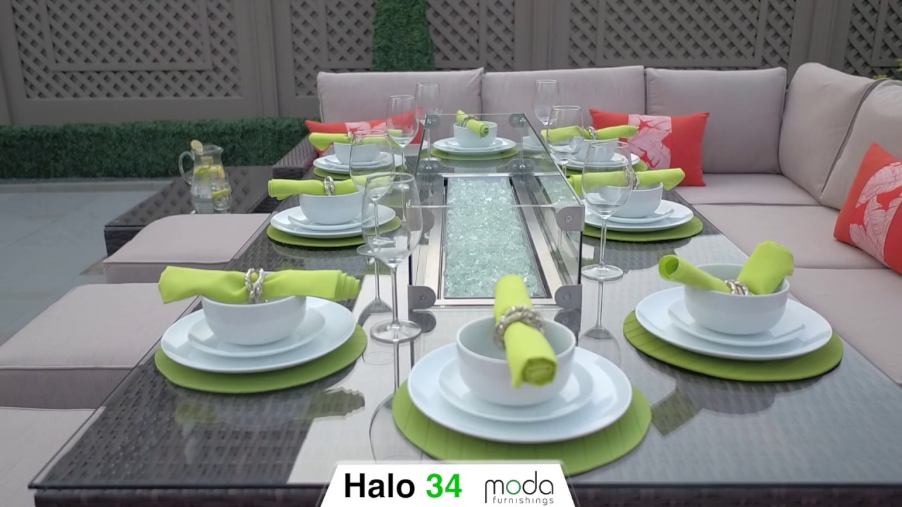 Halo 34 Rattan Corner Sofa And Dining Combo With Gas Firepit