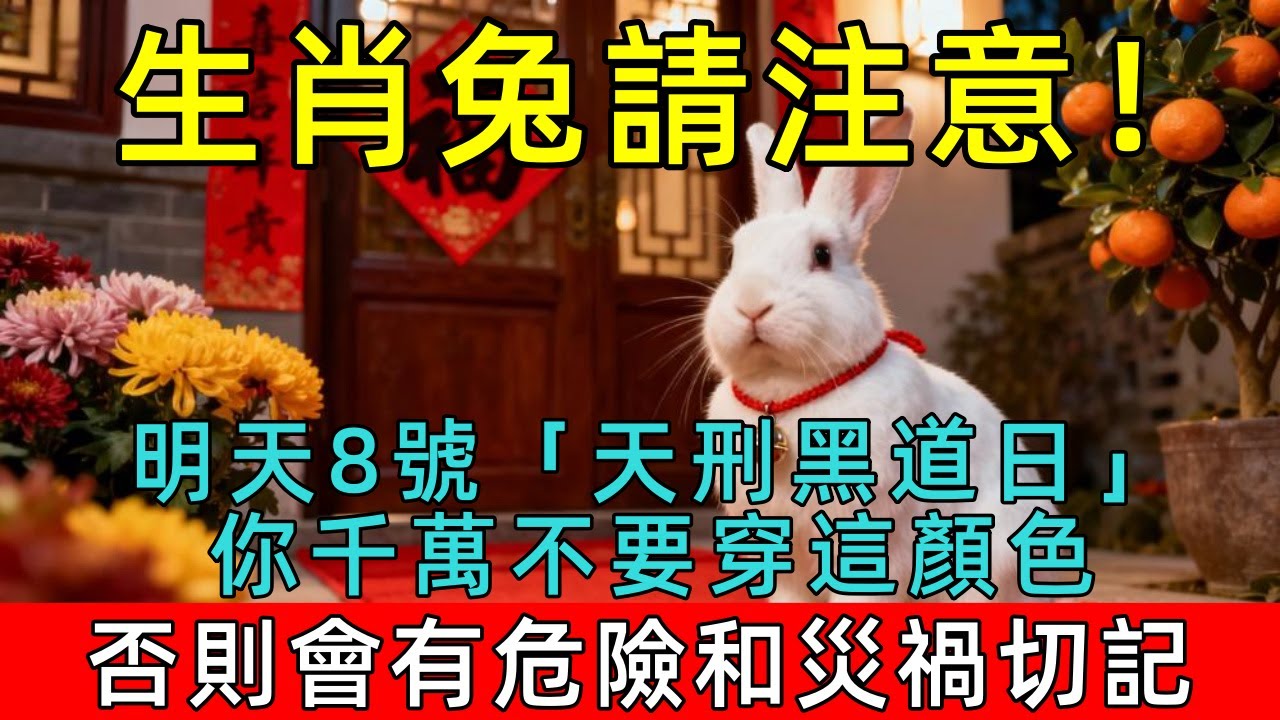 生肖兔，明天1月8號，農曆十一月二十是「天刑黑道日」，你千萬不要穿這顏色！否則會有危險和災禍！切記！