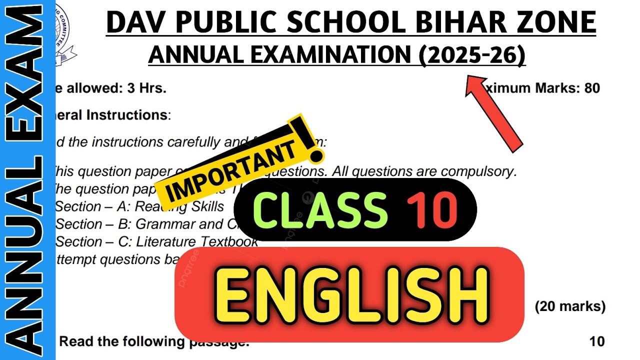 Dav class 10 question paper of English of annual exam 2026 | Dav paper Zone | 2025-26 | 