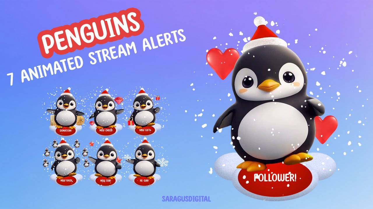 Penguin Twitch Alerts Pack, 7 Funny Animated Stream Alerts for Streamers and VTubers
