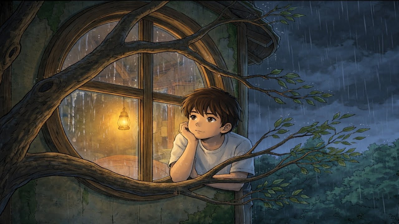 Lost in the Sound of  Rain Outside Window  | Dark Night Rain! Ghibli Style  ASMR
