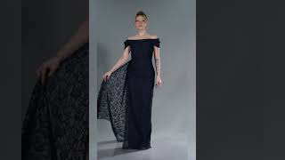 Lacivert Kayık Yaka Yırtmaçlı Uzun Güpürlü Abiye Abu5553