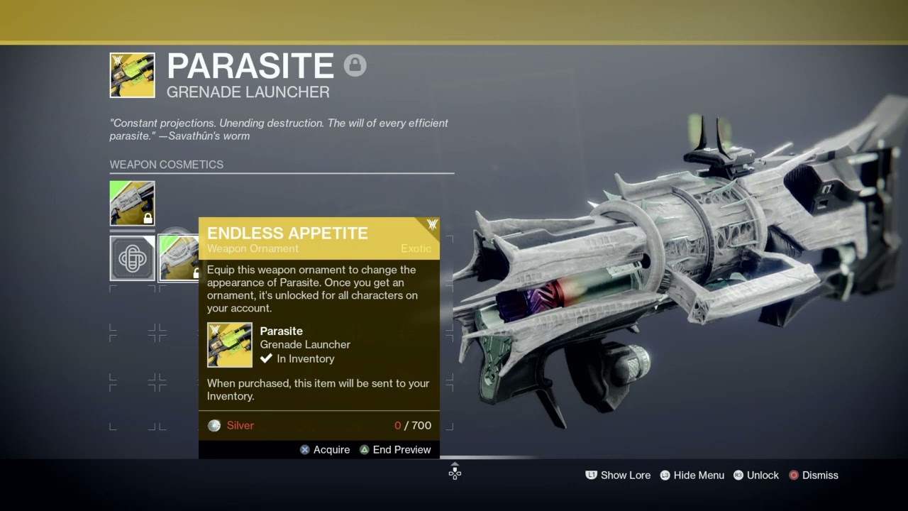 Destiny 2 Parasite Exotic Grenade Launcher