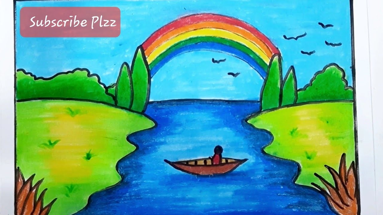 How to draw rainbow on river step by step with oil colour drawing ...