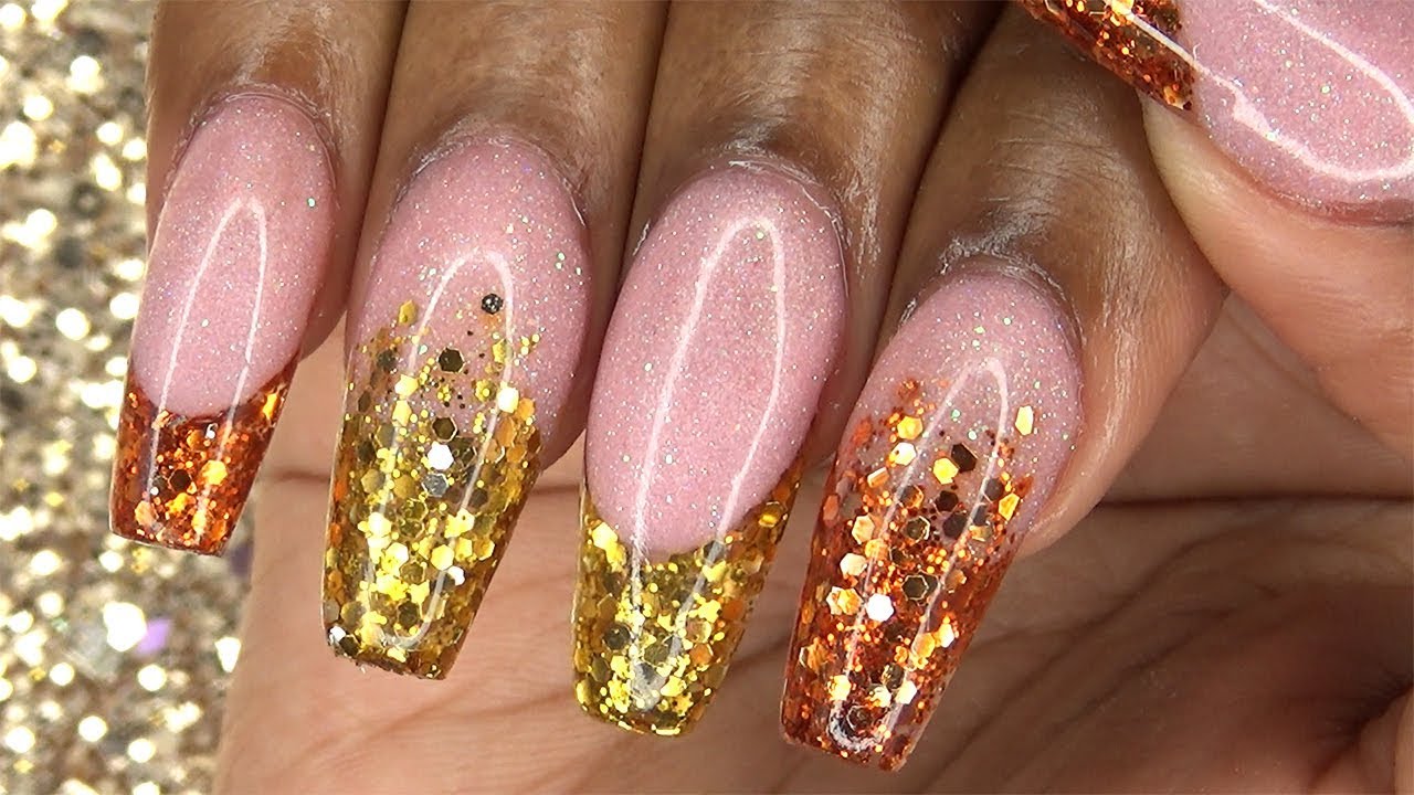 Acrylic Nails Tutorial How To Acrylic Nails Infill Encapsulated Glitter Nails Copper And Gold Youtube