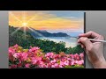 Acrylic Painting Mountain Lake Flowers / Correa Art