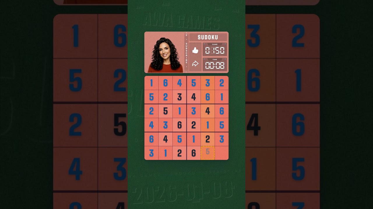 LinkedIn Mini Sudoku #150 solved board for January 8, 2026, 6x6 grid