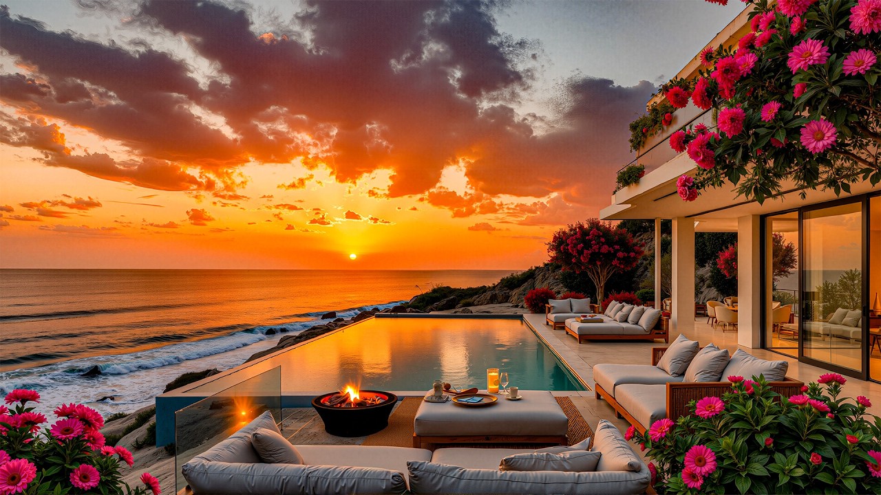 Warm Rooftop Space And Romantic Jazz Melodies - Gentle Jazz Music With A Warm Seaside Sunset View