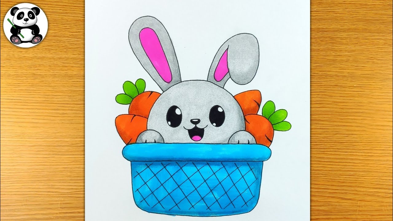 Cute rabbit inside basket drawing and colouring - YouTube