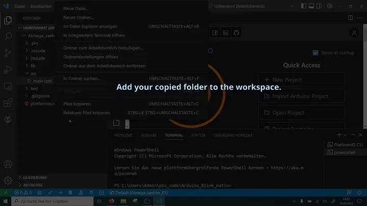 Creating a new project in PlatformIO (VSCode) by copying an existing project folder.