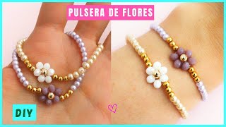 🤩 PULSERA ELÁSTICA con FLORES de cristales y perlas 🌼 PULSERAS de NYLON #cursosdebisuteria