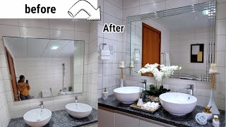 DIY BATHROOM MIRROR FRAME USING KITCHEN TILES| CLEAN &DECORATE BATHROOM SINK AREA WITH ME
