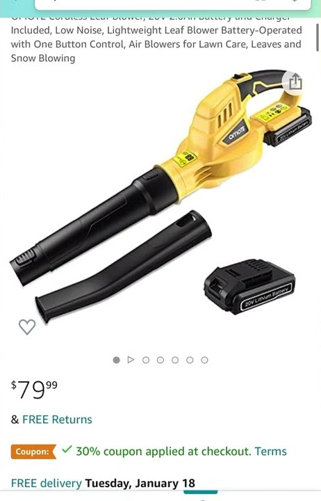 $47.99 was $79.99 OMOTE Cordless Leaf Blower, 20V 2.0Ah Battery and Charger Included