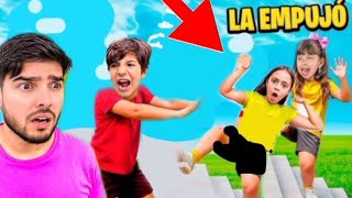 Facu empuja a estrella y a Sofi por las escaleras de la escuela aventurera