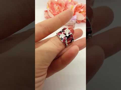 Срібне широке кільце 925 "вишиванка червоні квіти" фианіти р. 17, видео 1