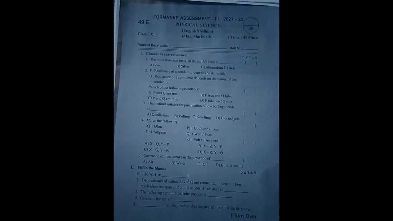 10th class F.A.3 Physics questions paper in 2021-2022