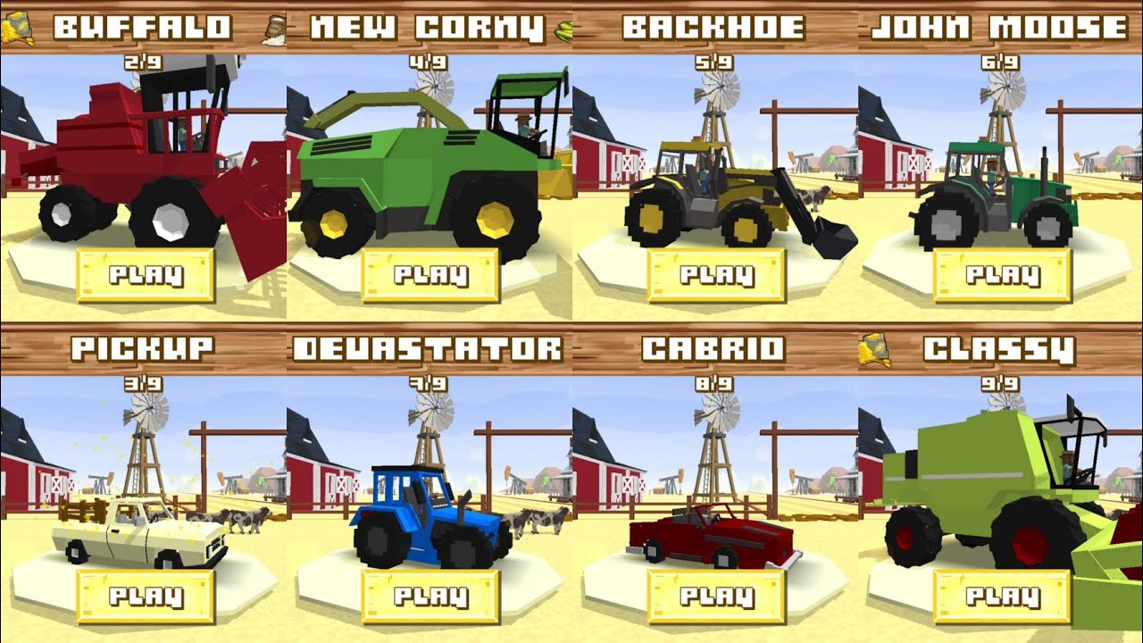 All vehicles UNLOCKED collection presentation - Blocky Farming and Racing Simulator | game play