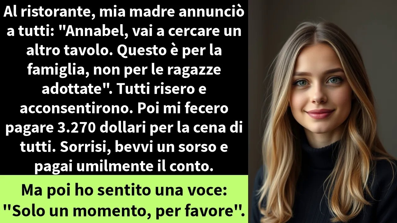 Mia madre ha appena detto a tutti, sorridendo, che avrei dovuto cenare al bar, lontana dal tavolo di famiglia. Ero ormai abituata, ma poi ha aggiunto, davanti a trenta ospiti, che i miei genitori...