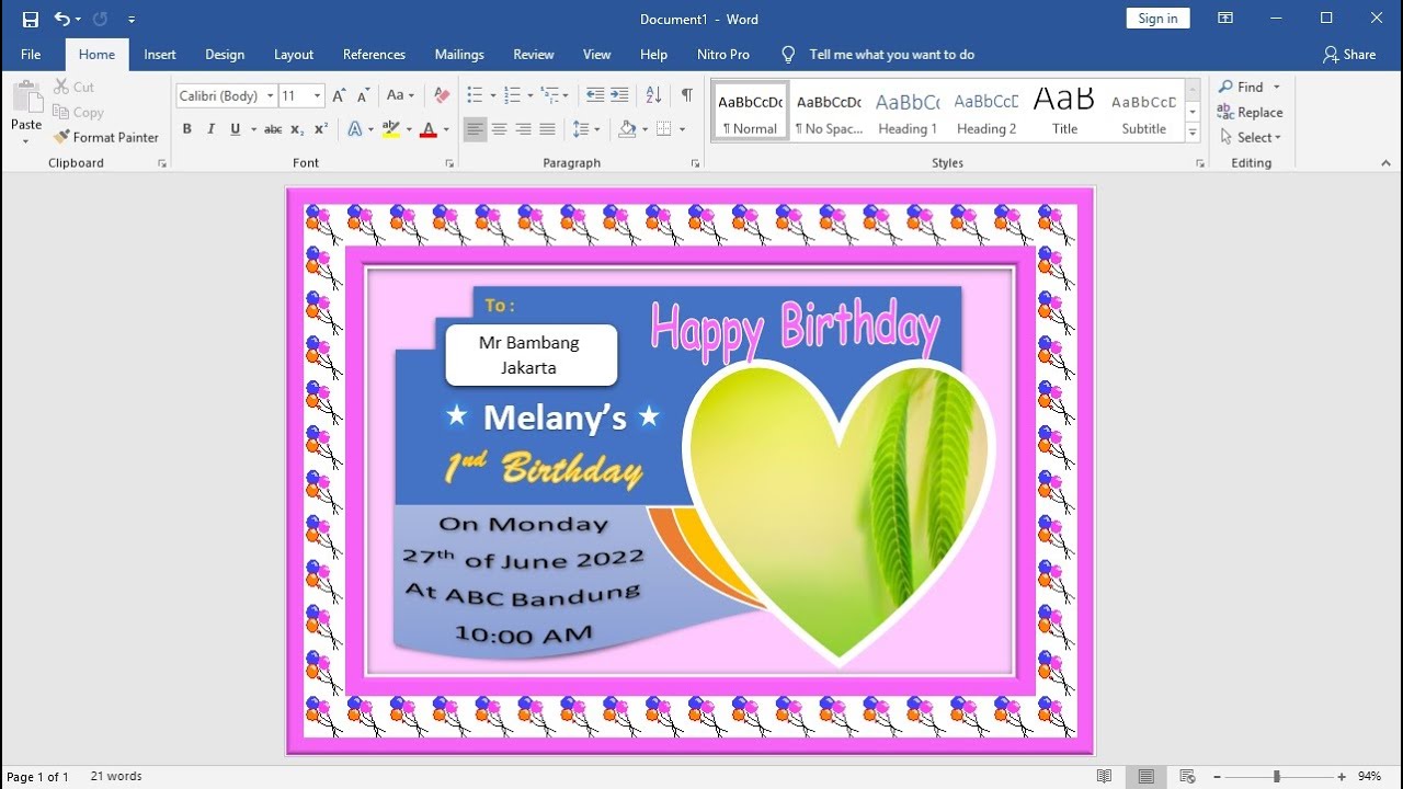 How to Make a happy birthday Invitation Card With Mail Merge in a ...