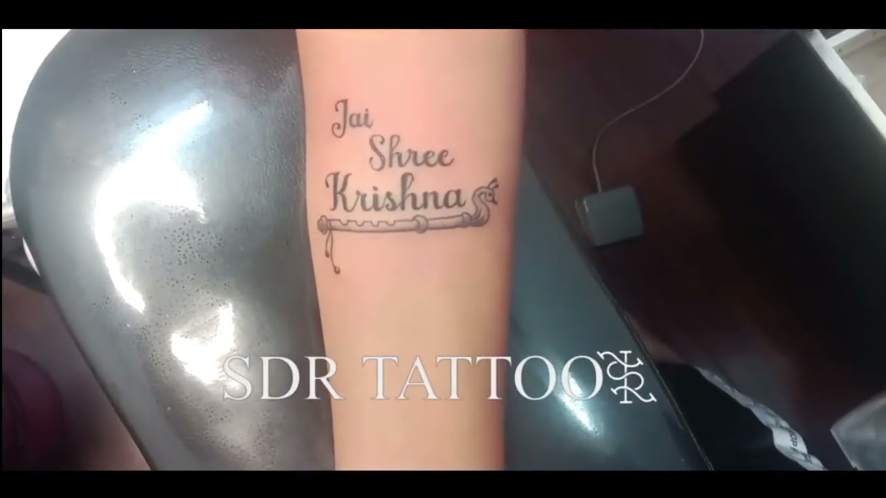 Jai Shree Krishna Tattoo Design With Basuri, Font Tattoo