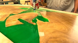 Wood Processing With Epoxy Glue// A Green Dining Table With A Natural Character For A Small Kitchen