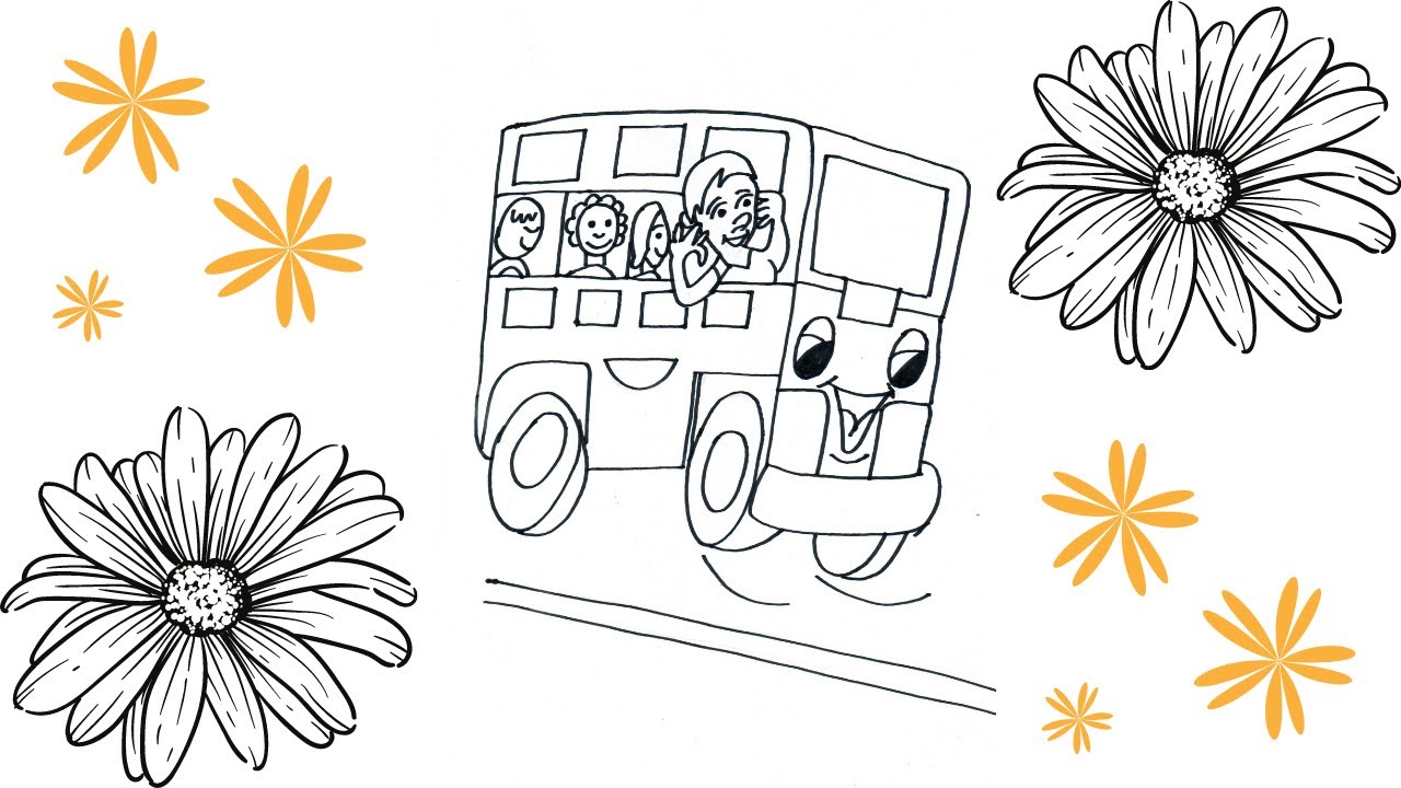 How to draw bus with passengers | The wheels of the bus go round and ...