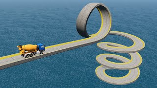 Insane Loop Spiral Bridge Crossing Cars Vs Deep Water - BeamNG Jalur