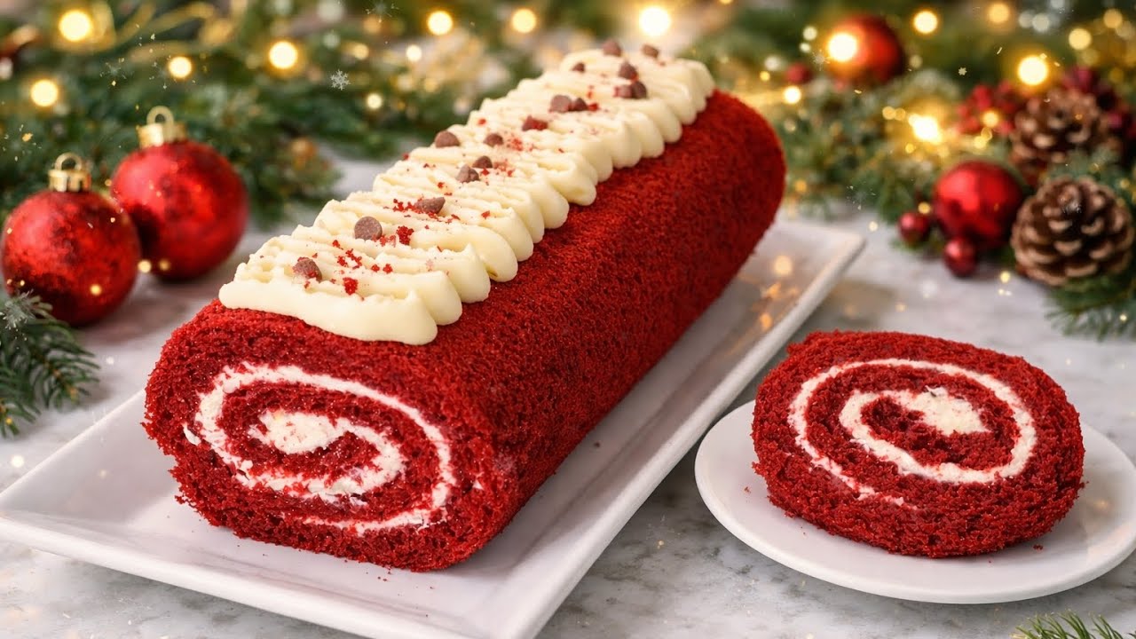 Rollo Red Velvet Navideño Suave y Húmedo | Tronco de Navidad Fácil y ...