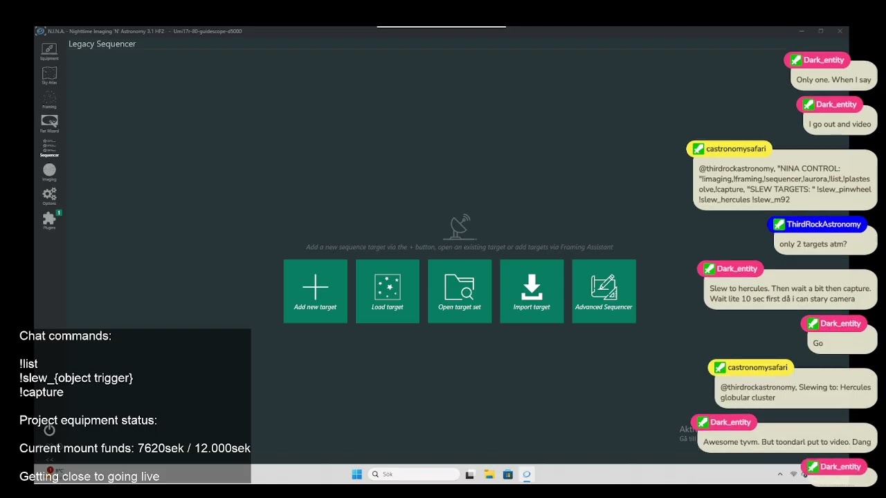CASafari - Twitch chat controlled telescope. FIRST REAL LIVE TEST. Commands: !list !capture !slew_ta