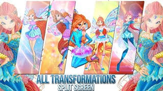 Winx Club: Bloom All Transformations up to Cosmix in Split Screen! HD!