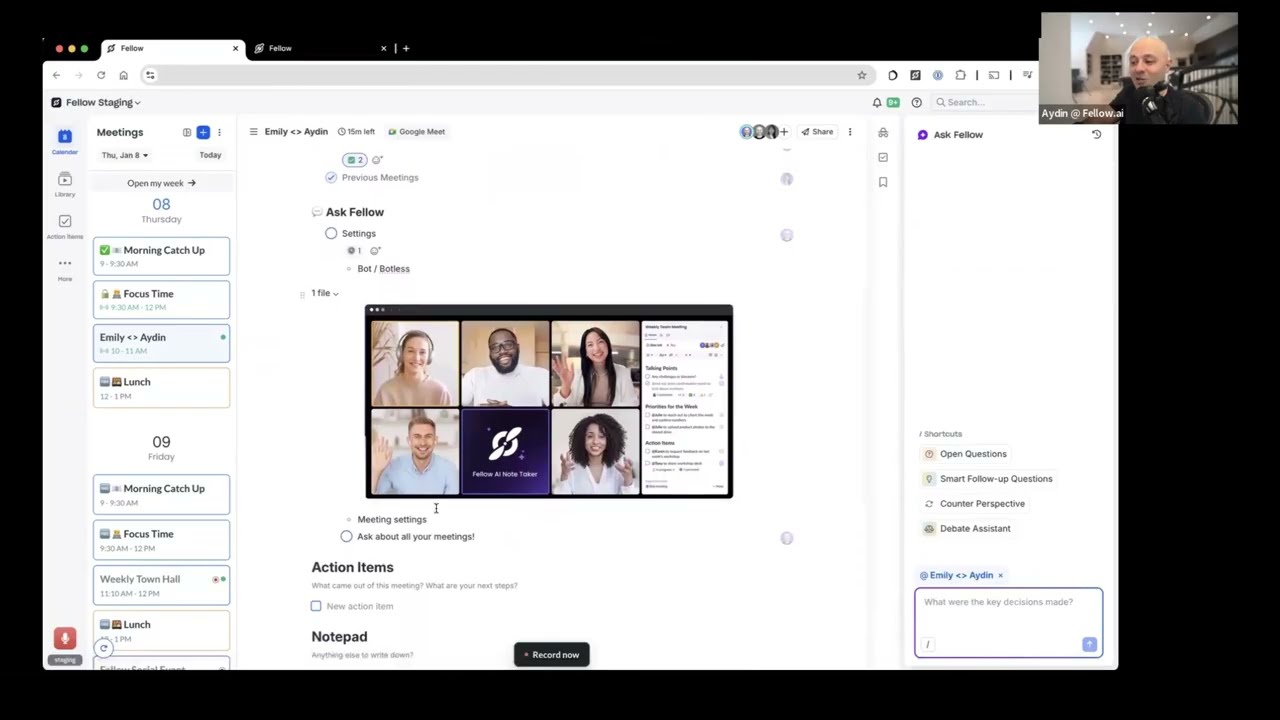 Fellow AI Meeting Assistant & Notetaker (2026 Demo): Summaries, Transcript Redaction + Meeting Agent