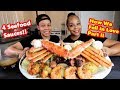CRAB LEGS + GIANT SHRIMP SEAFOOD BOIL MUKBANG WITH 4 SAUCES!!!