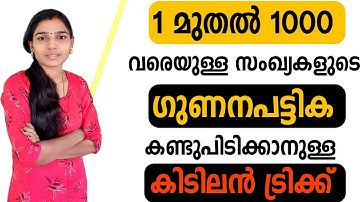1മുതൽ 1000 വരെയുള്ള സംഖ്യകളുടെ ഗുണനപ്പട്ടിക എളുപ്പത്തിൽ|Multiplication Table Tricks|Maths Tricks