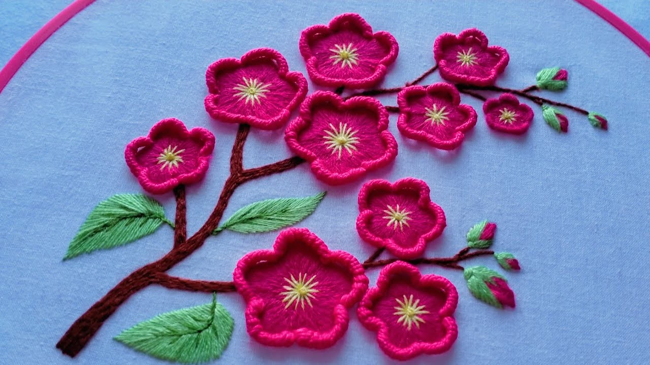 Beauty Pink Sakura Flowers Embroidery Design | Easy Way to Embroider | Tutorial Menyulam Bagi Pemula