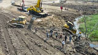 Unexpected Bulldozer Fail Down In Water  Recovery By Grade Pu0026h 90t And Mighty Bulldozer To Success