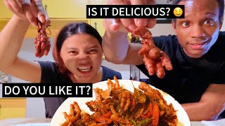 My foreigner boyfriend trying Filipino chicken feet adobo for the first time in the Philippines 🇵🇭