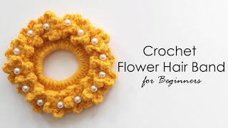 : Flower hair band Crochet for beginners in Tamil with English subtitle l l Easy hair Scrunchies