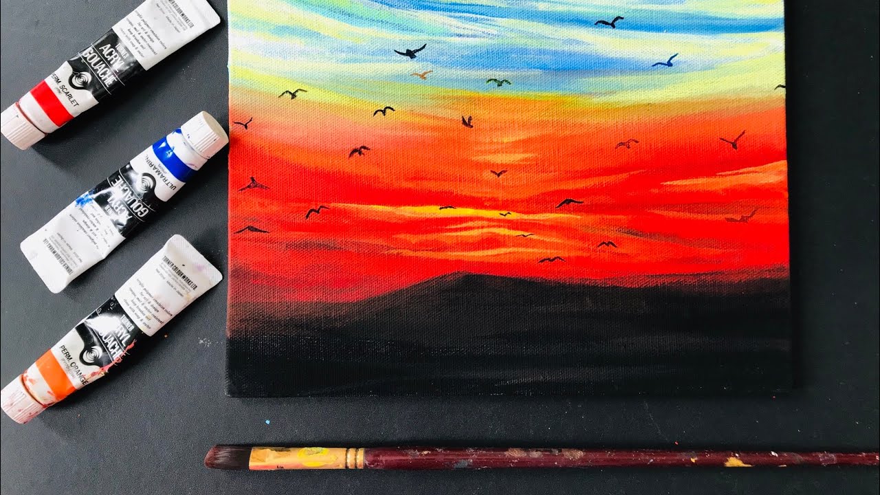 How to paint a sunset sky with Acrylic Gouache Easy painting tutorial