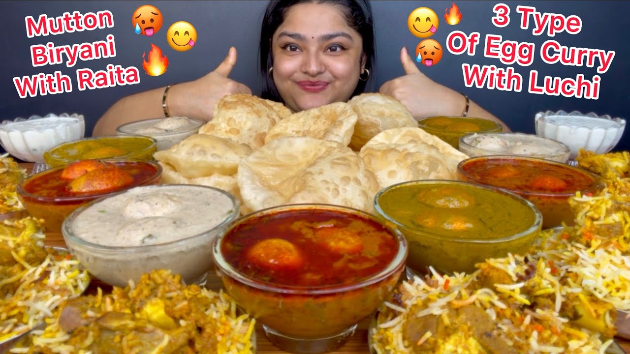 SPICY LAL EGG CURRY, CREAMY EGG CURRY, HARIYALI EGG CURRY WITH LUCHI AND HYDERABADI MUTTON BIRYANI 