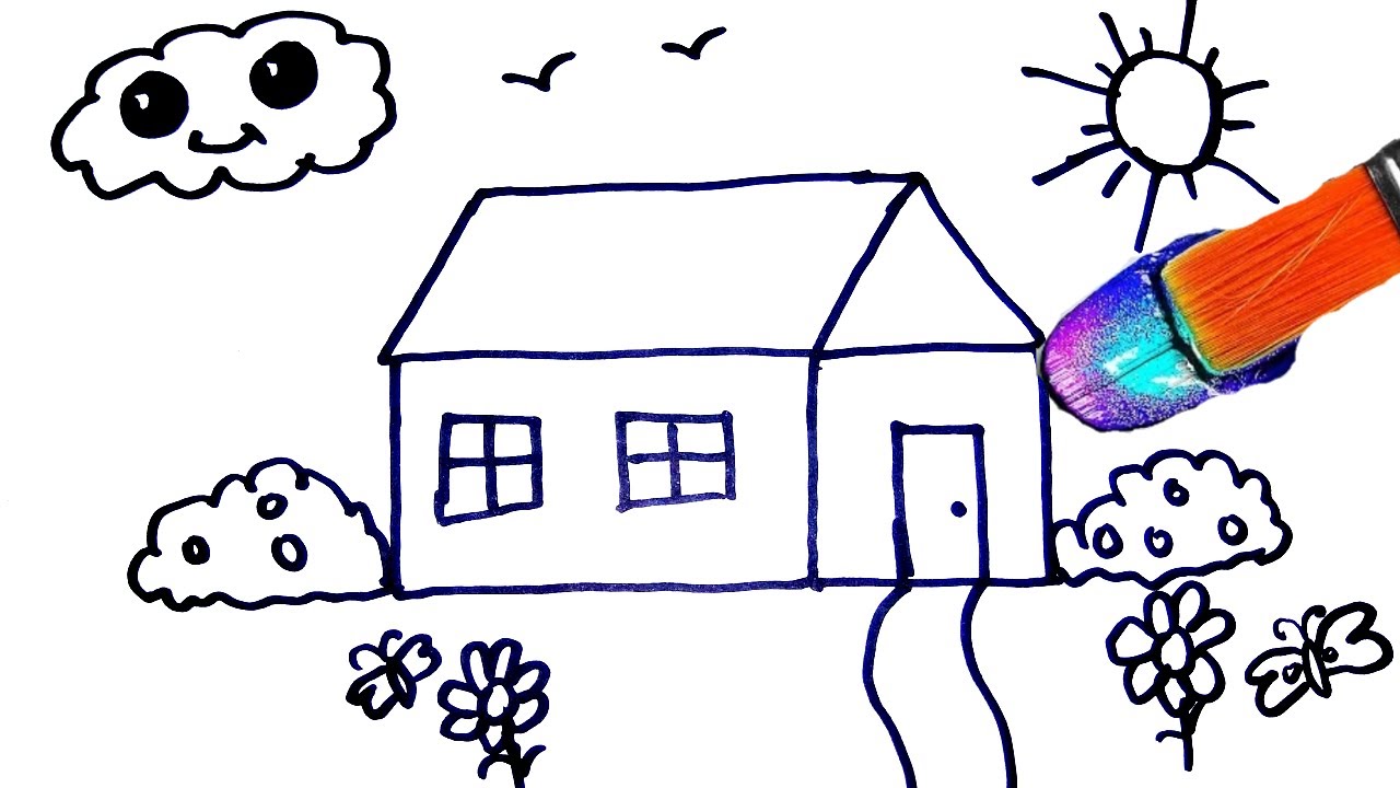 Graphic drawing of a twostory house with a chimney and a garden 17369345  PNG