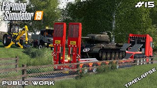 Rescuing tank from forest & tree removal | Public Work Sandy Bay | Farming Simulator 19 | Episode 15