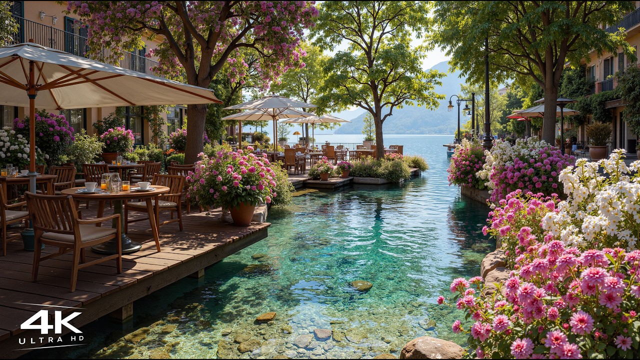 Spring Morning Jazz by the Lake 🌸 Cozy Italian Café Ambience & Soft Bossa Nova Guitar for Relaxation